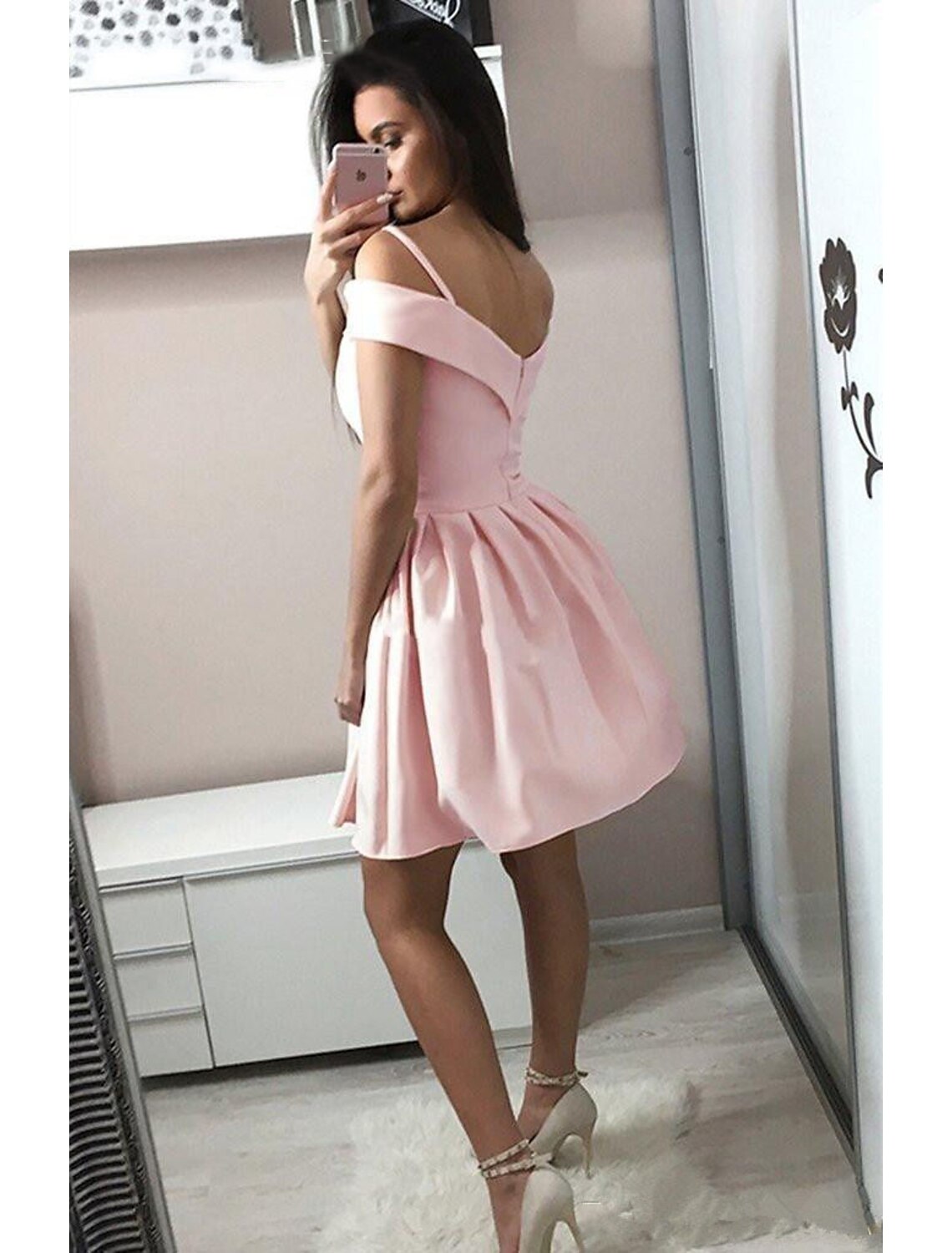 Wholesale A-Line Cocktail Dresses Minimalist Dress Homecoming Party Wear Knee Length Sleeveless V Neck Pink Dress Stretch Fabric with Pleats