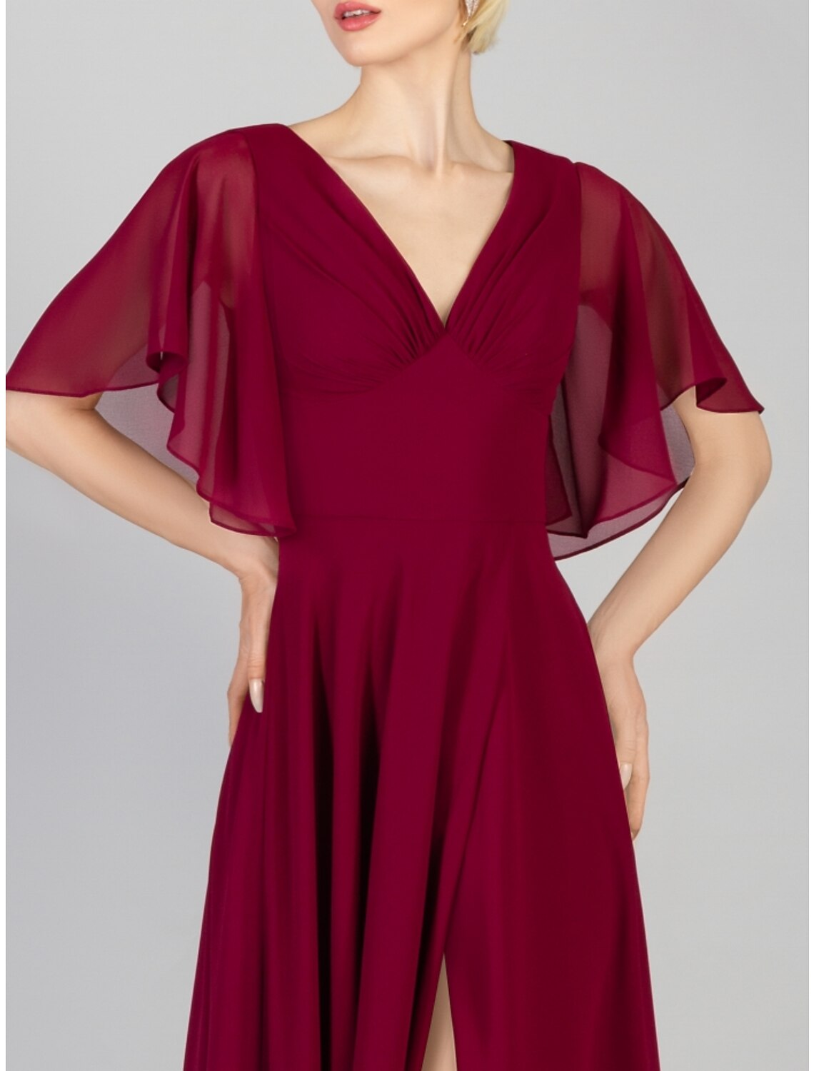 Wholesale A-Line Bridesmaid Dress V Neck Short Sleeve Elegant Floor Length Chiffon with Split Front / Ruching