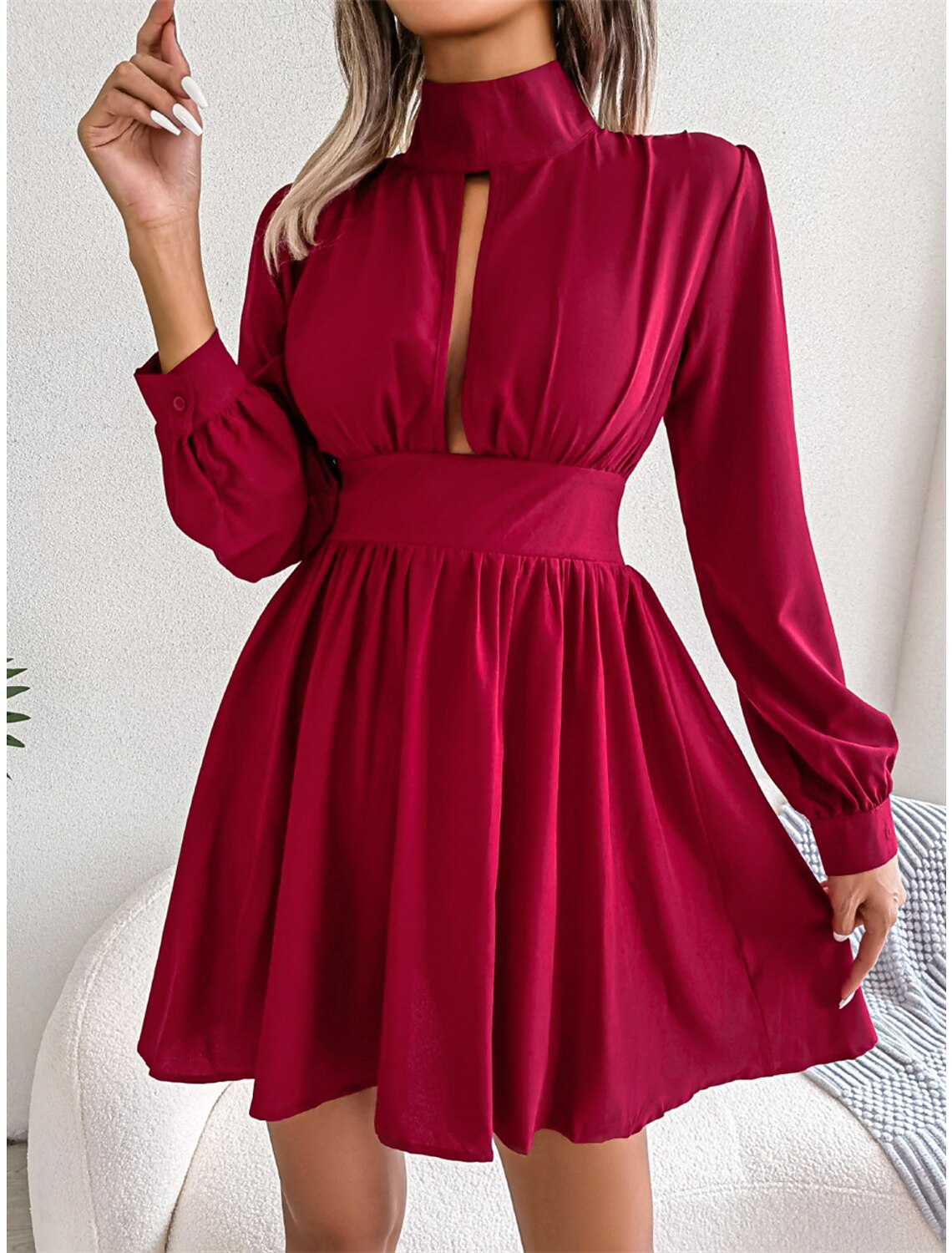 Wholesale Women‘s Christmas Party Dress Cut Out Dress Cocktail Dress Mini Dress Black White Wine Long Sleeve Pure Color Ruched Spring Fall Winter Stand Collar Fashion Wedding Guest Birthday Vacation