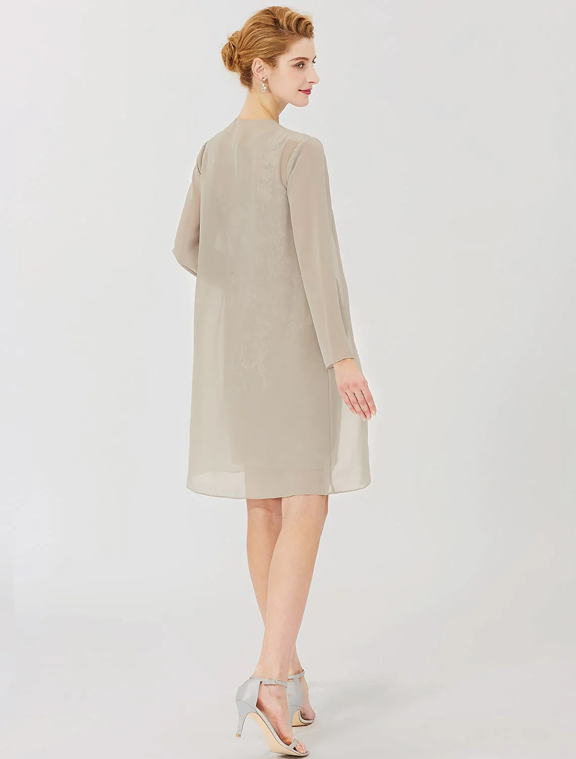 Wholesale Sheath / Column Mother of the Bride Dress Formal Classic & Timeless Elegant & Luxurious Convertible Dress Illusion Neck Knee Length Chiffon All Over Lace Long Sleeve with Appliques