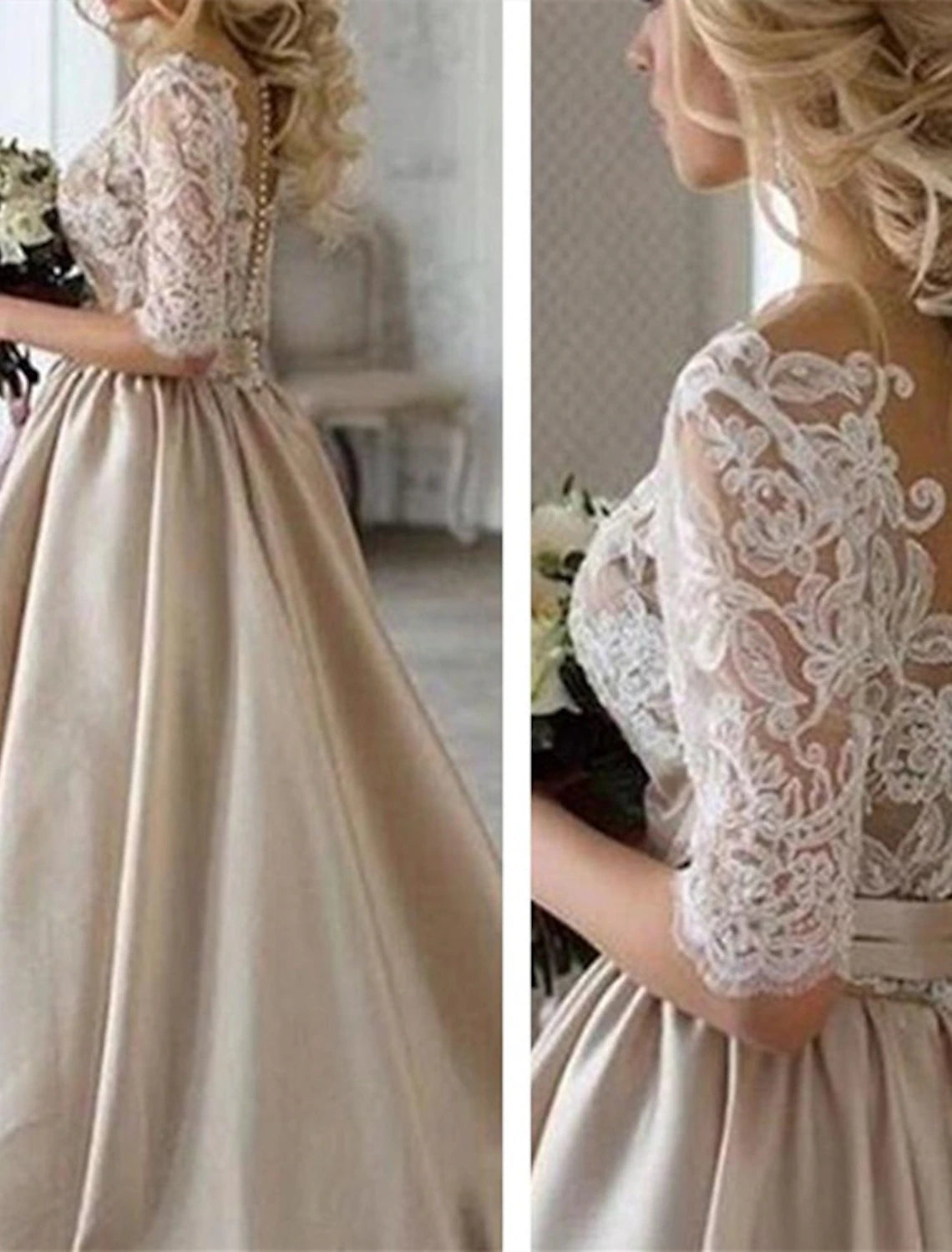 Wholesale Hall Formal Wedding Dresses A-Line Illusion Neck Half Sleeve Court Train Satin Bridal Gowns With Buttons Appliques