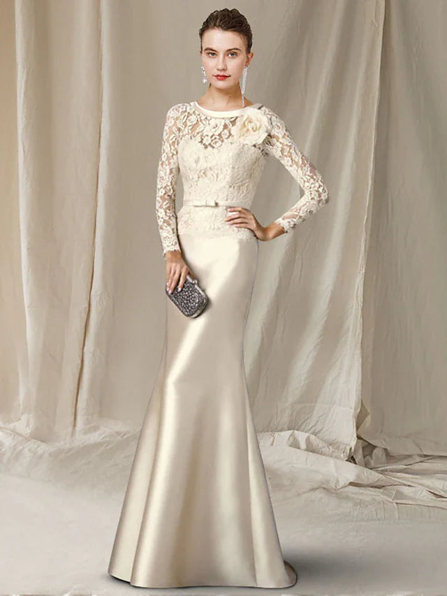 Wholesale A-Line Mother of the Bride Dress Elegant V Neck Sweep / Brush Train Satin Lace Long Sleeve with Bow(s) Flower