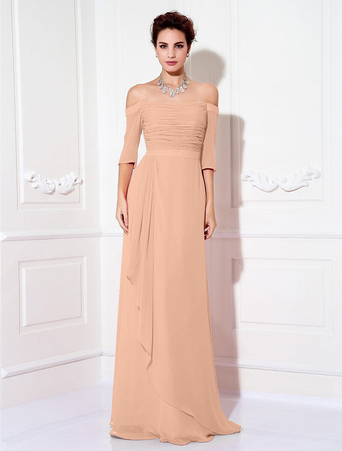 Wholesale  Sheath / Column Minimalist Dress Wedding Guest Formal Evening Sweep / Brush Train Half Sleeve Off Shoulder Bridesmaid Dress Chiffon with Ruched Draping