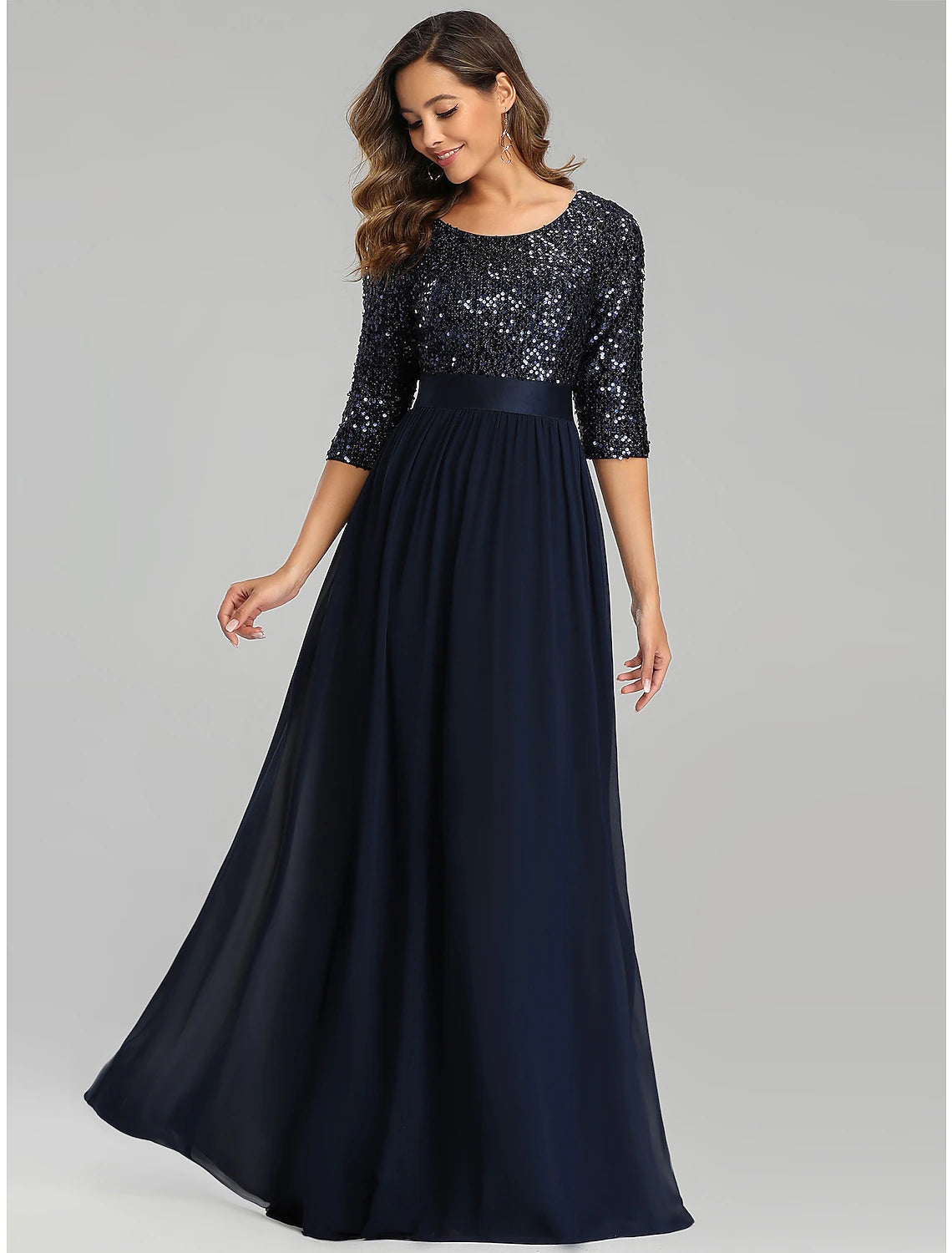 Wholesale A-Line Elegant Wedding Guest Formal Evening Dress Jewel Neck 3/4 Length Sleeve Floor Length Tulle with Sequin