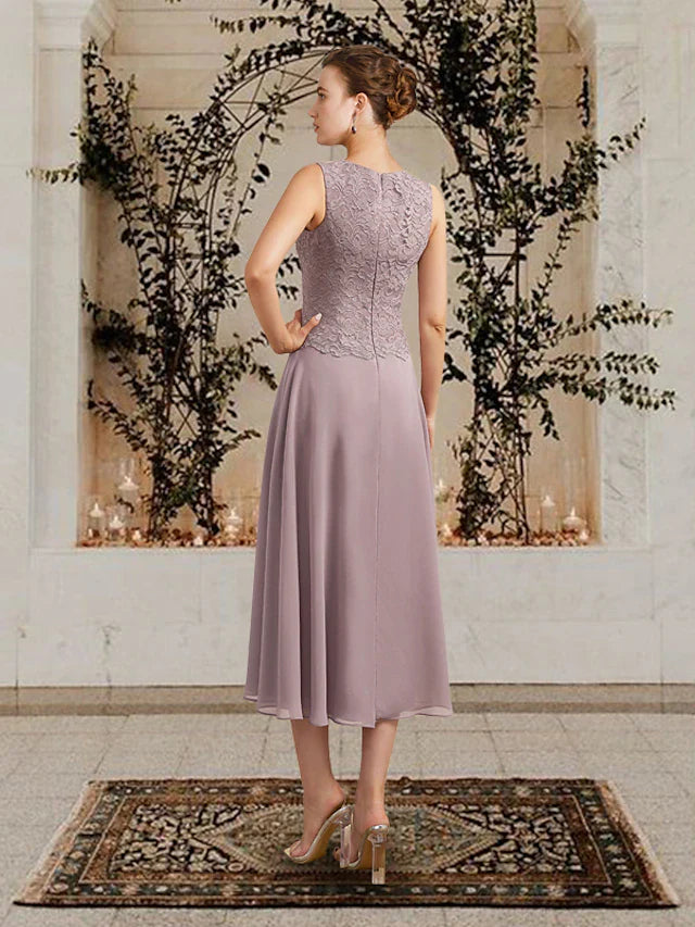 Wholesale Two Piece A-Line Mother of the Bride Dress Church Elegant Jewel Neck Floor Length Tea Length Chiffon Lace Sleeveless Short Jacket Dresses with Ruffles Appliques