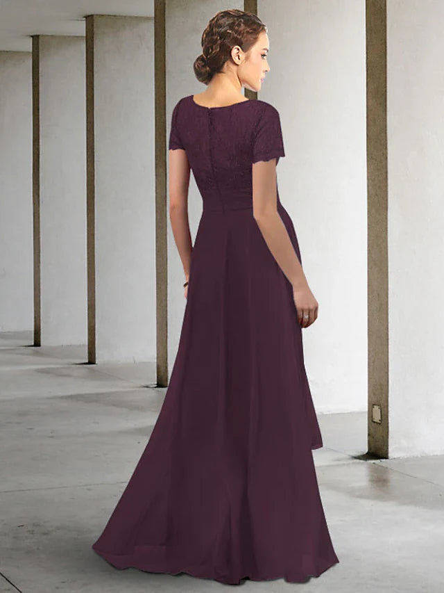 Wholesale A-Line Mother of the Bride Dress Elegant High Low V Neck Asymmetrical Floor Length Chiffon Short Sleeve with Pleats Ruched