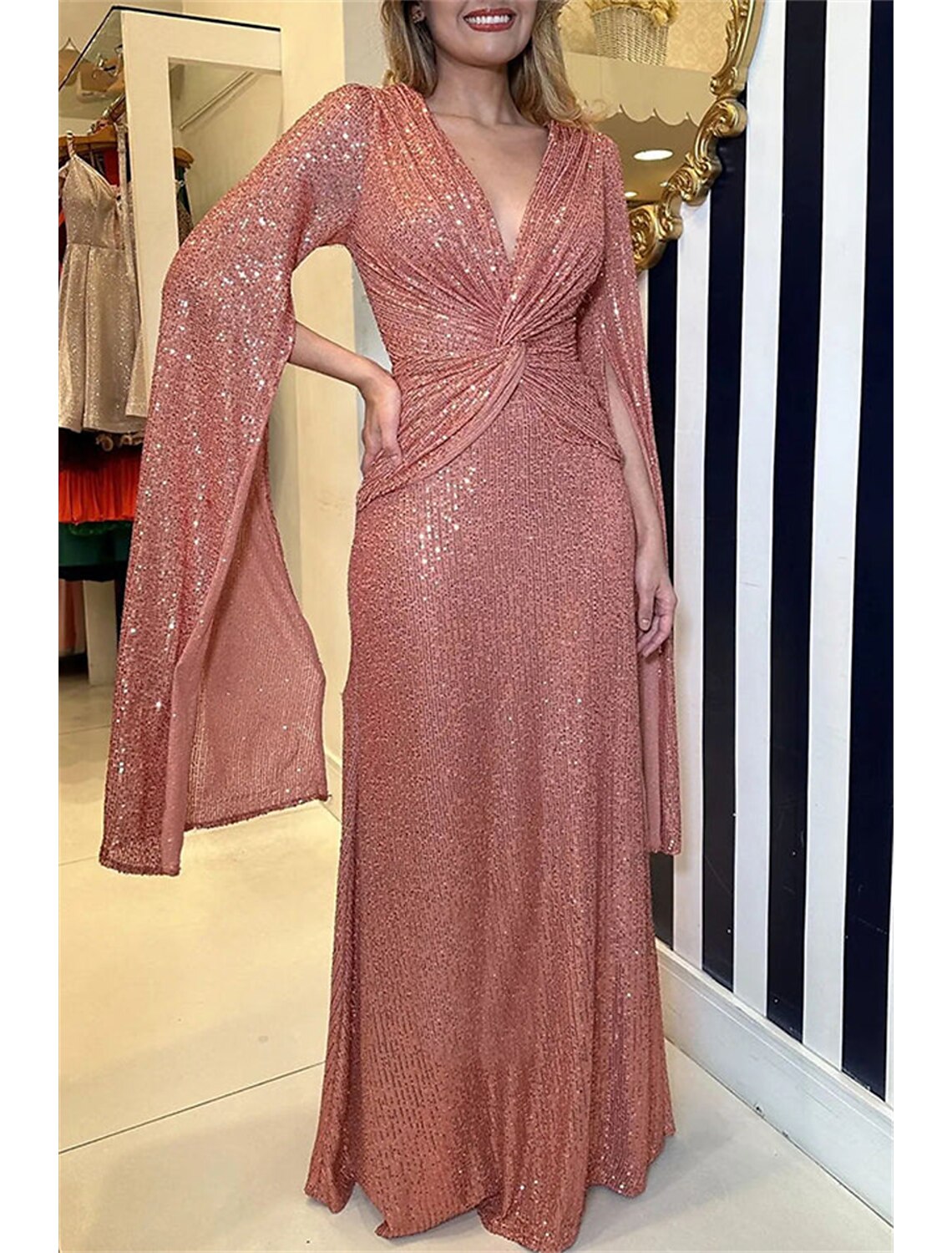 Wholesale Mermaid / Trumpet Evening Gown Elegant Dress Formal Wedding Guest Floor Length Sleeveless V Neck Capes Sequined with Ruched Sequin