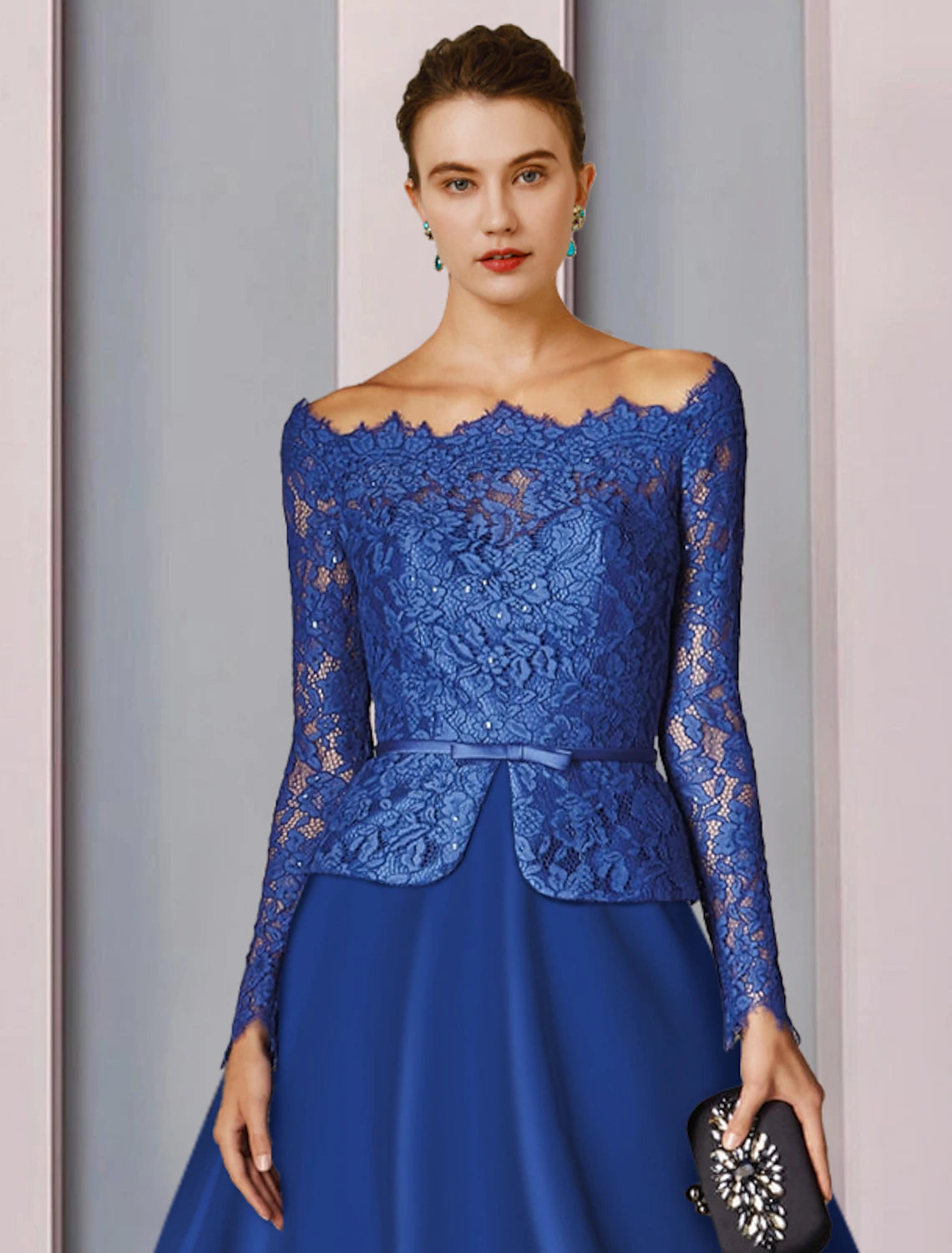 Wholesale  A-Line Mother of the Bride Dress Formal Church Party Elegant Off Shoulder Tea Length Satin Lace Long Sleeve with Bow(s)