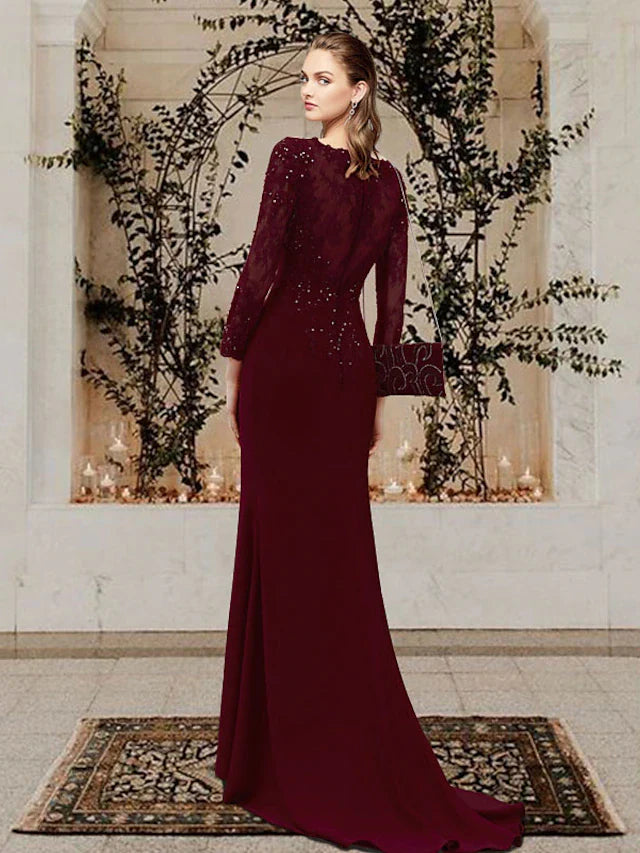 Wholesale Mermaid / Trumpet Mother of the Bride Dress Elegant Jewel Neck Sweep / Brush Train Chiffon Lace Tulle Long Sleeve with Appliques