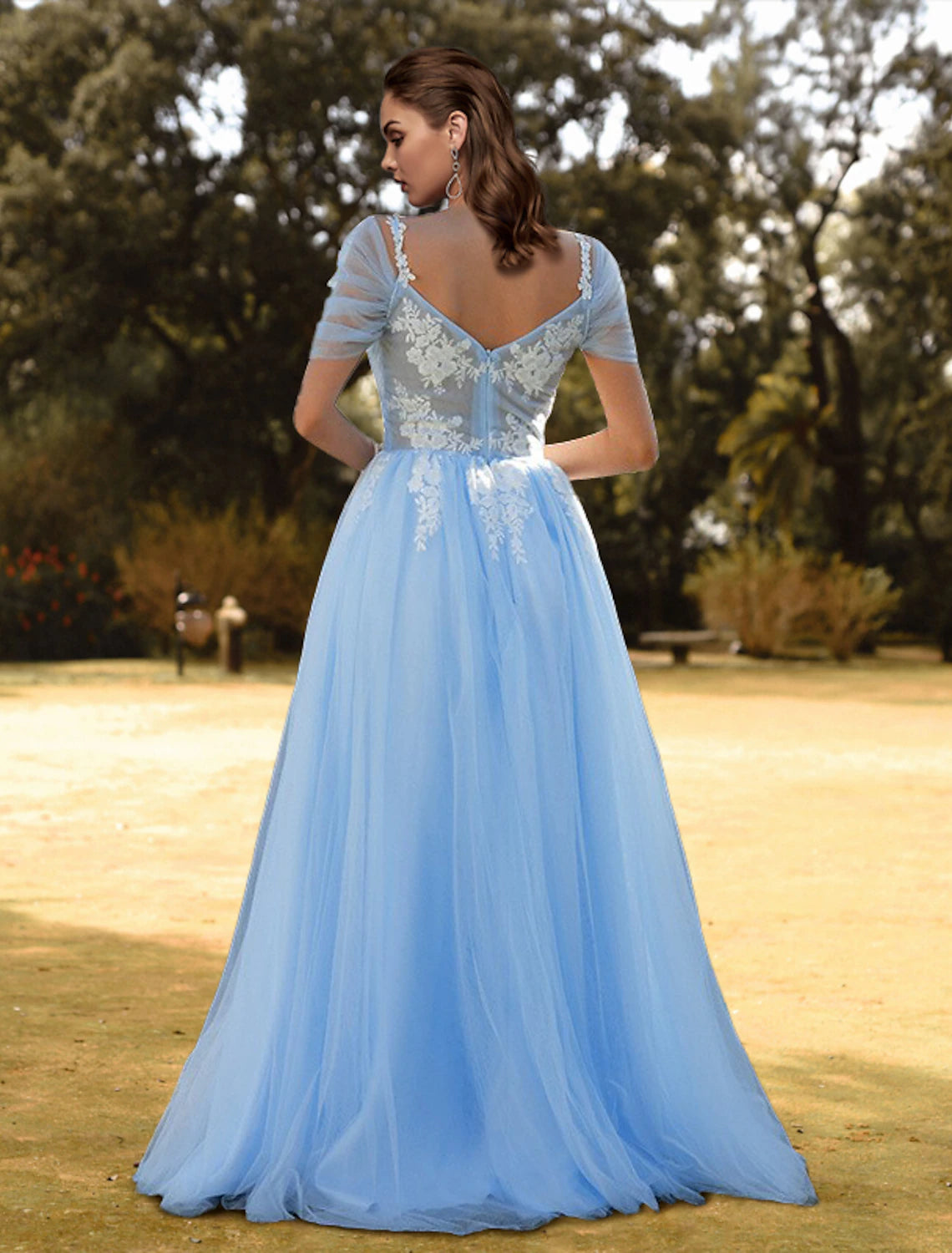 Wholesale  A-Line Prom Dresses Floral Dress Wedding Guest Engagement Sweep / Brush Train Short Sleeve V Neck Tulle with Slit Appliques