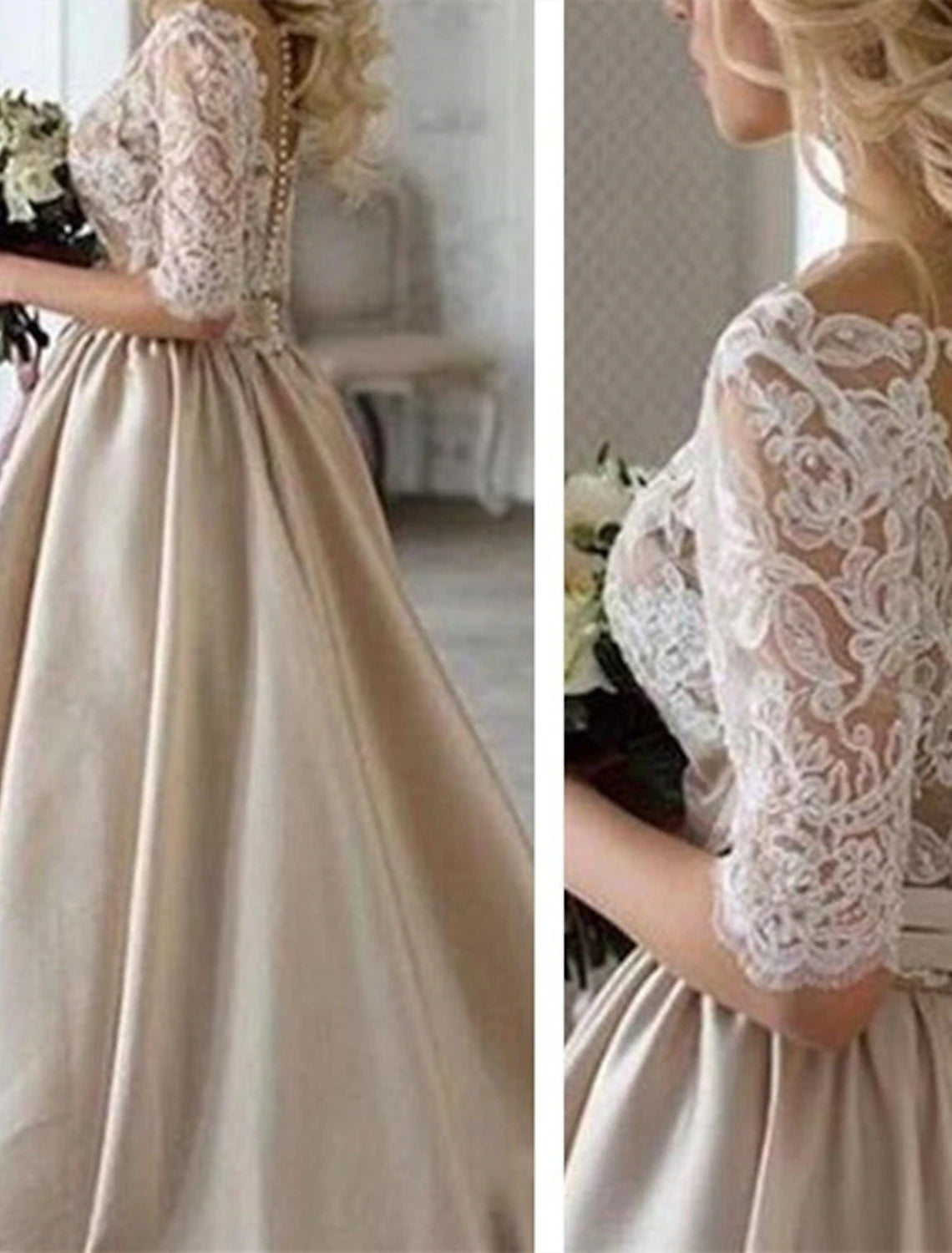 Wholesale Hall Formal Wedding Dresses A-Line Illusion Neck Half Sleeve Court Train Satin Bridal Gowns With Buttons Appliques