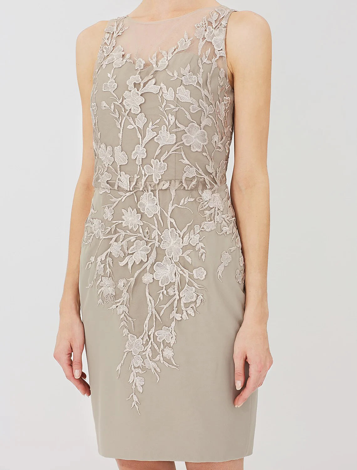 Wholesale Sheath / Column Mother of the Bride Dress Formal Classic & Timeless Elegant & Luxurious Convertible Dress Illusion Neck Knee Length Chiffon All Over Lace Long Sleeve with Appliques