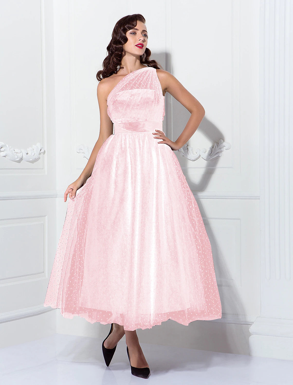 Wholesale  A-Line Cocktail Dresses Vintage Dress Halloween Ankle Length Sleeveless One Shoulder Wednesday Addams Family Tulle with Pleats Pattern / Print