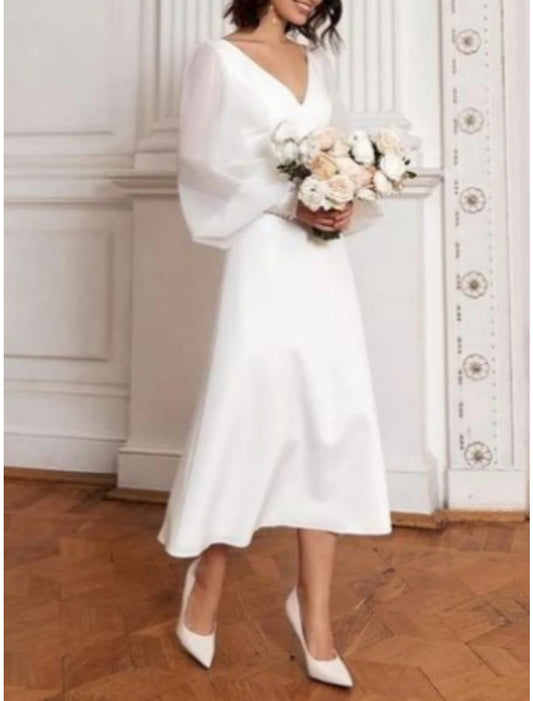 Wholesale Little White Dresses Wedding Dresses A-Line V Neck Long Sleeve Tea Length Satin Bridal Gowns With Pleats Solid Color
