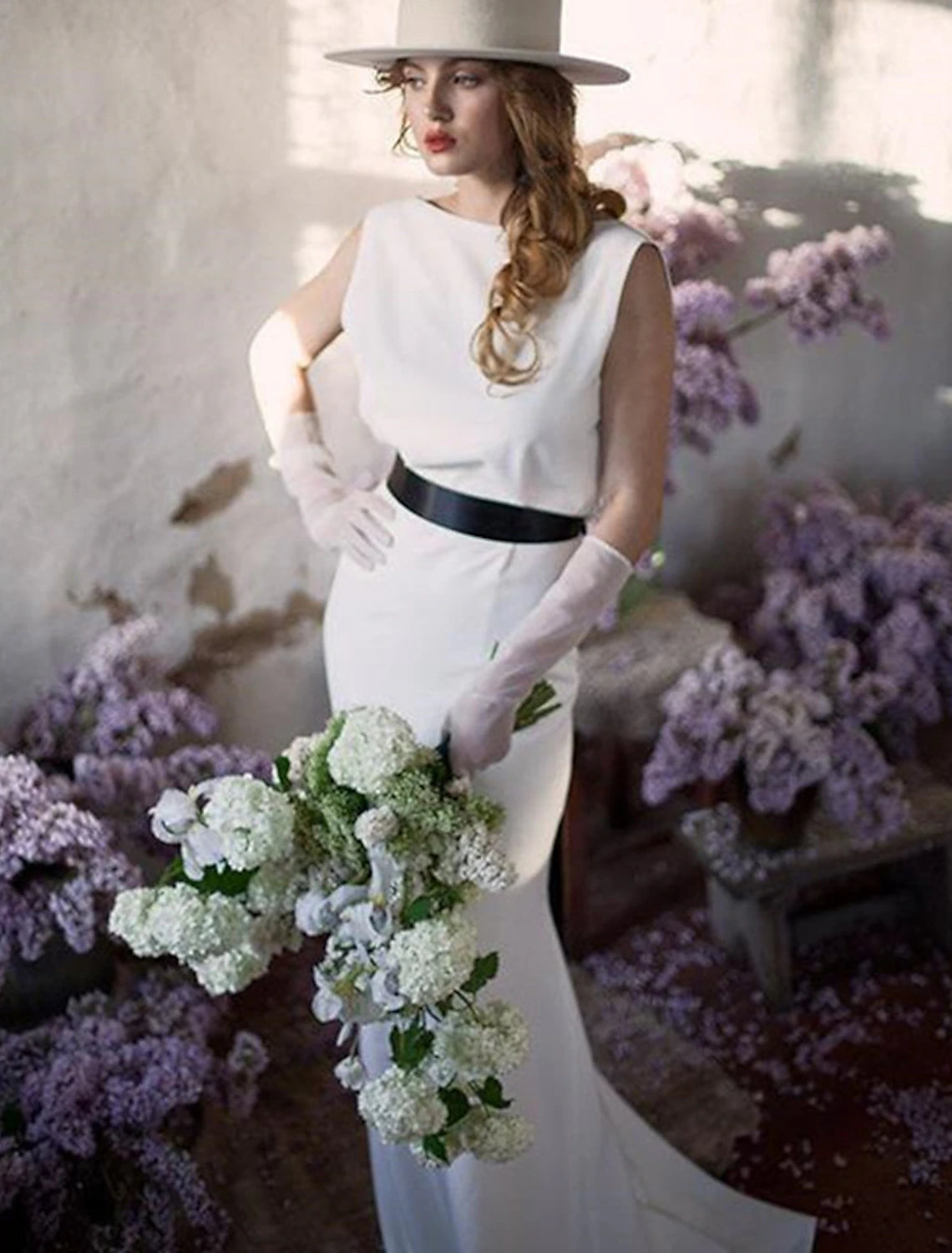 Wholesale Reception Open Back Simple Wedding Dresses Sheath / Column Scoop Neck Sleeveless Sweep / Brush Train Satin Bridal Gowns With Solid Color Summer Wedding Party