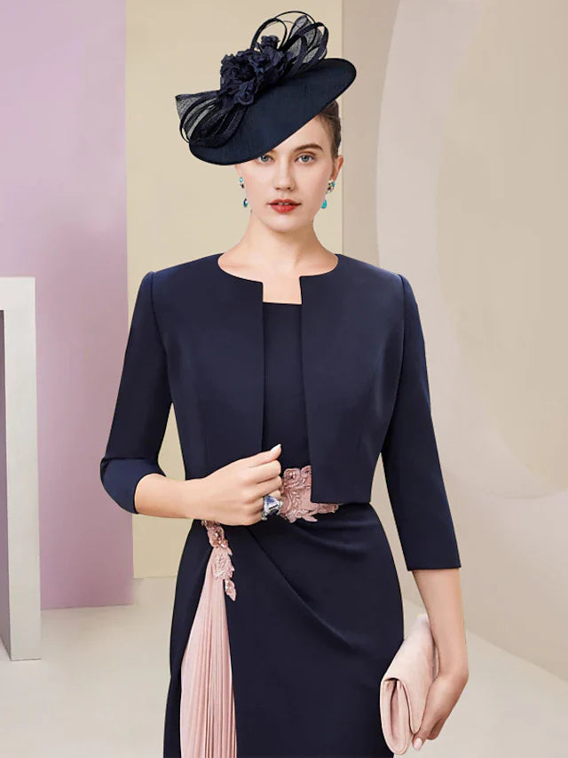 Wholesale Two Piece Mother of the Bride Dress Wedding Guest Elegant Jewel Neck Knee Length Stretch Fabric 3/4 Length Sleeve with Pleats Appliques