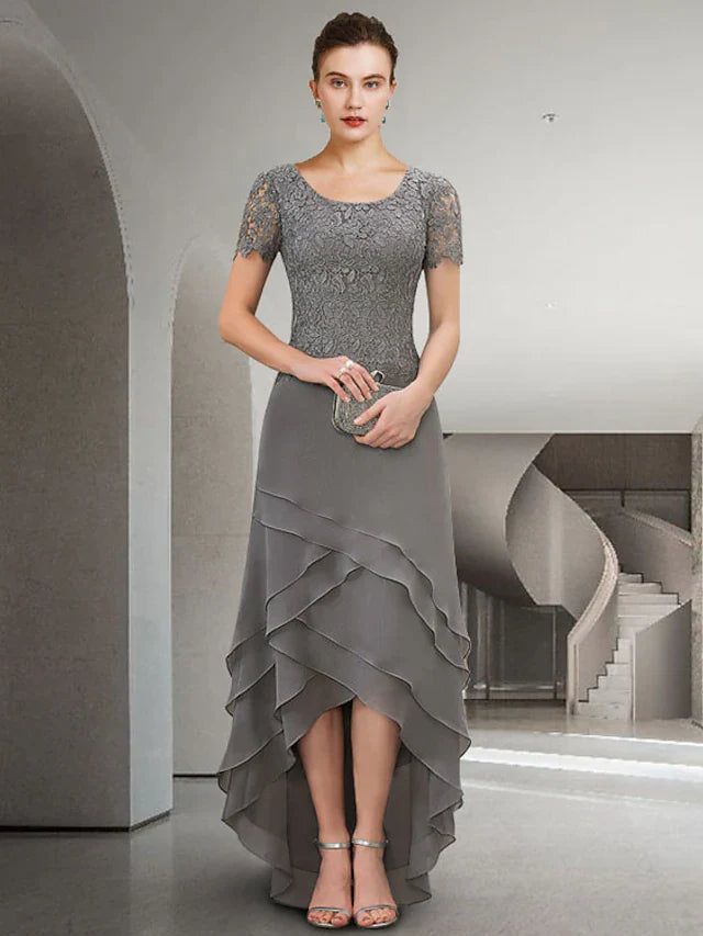Wholesale A-Line Mother of the Bride Dress Elegant High Low Jewel Neck Asymmetrical Floor Length Chiffon Lace Short Sleeve with Appliques Cascading Ruffles