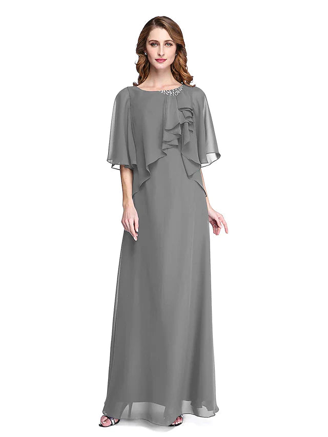 Wholesale Sheath / Column Mother of the Bride Dress Elegant Open Back Jewel Neck Floor Length Chiffon Half Sleeve with Pleats Beading Ruffle