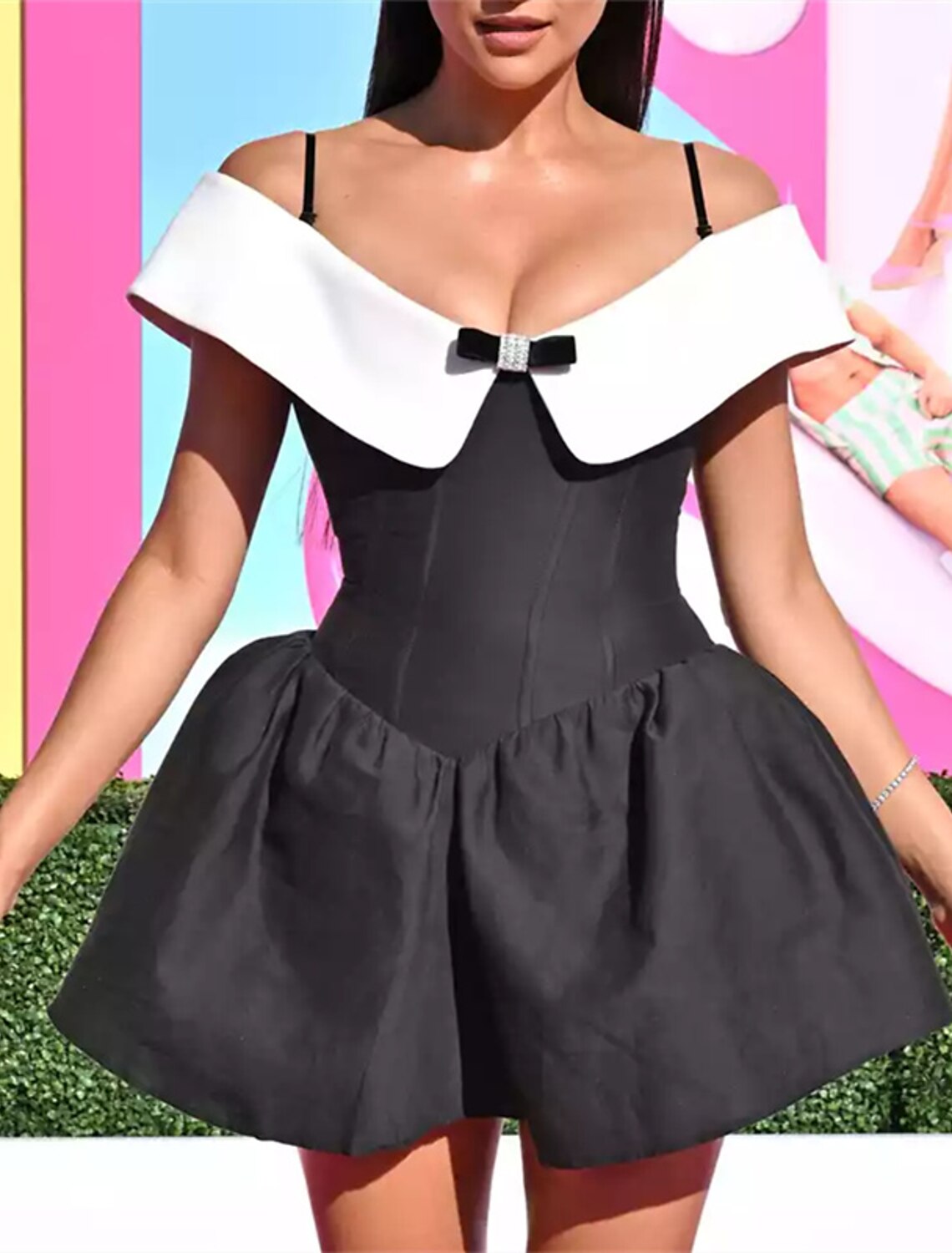 Wholesale A-Line Cocktail Dresses Vintage Black Dress Plus Size Off Shoulder Short Dress Satin Halloween Mini Sleeveless Color Block with Bow(s)