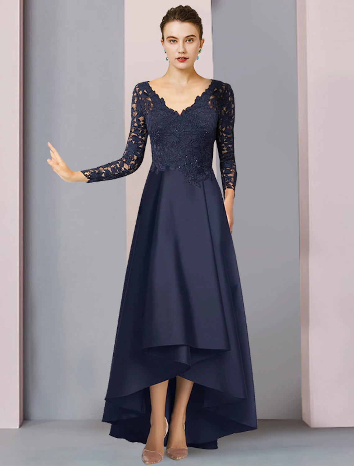 Wholesale  A-Line Mother of the Bride Dress Formal Wedding Guest Elegant High Low V Neck Asymmetrical Tea Length Satin Lace Long Sleeve with Pleats Appliques