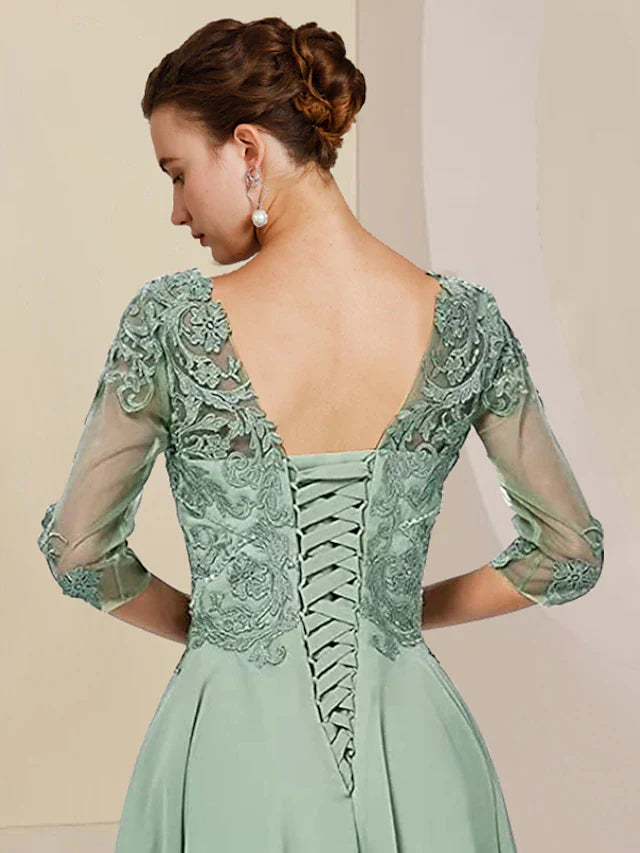 Wholesale Two Piece A-Line Mother of the Bride Dress Formal Wedding Guest Elegant High Low Scoop Neck Asymmetrical Tea Length Chiffon Lace Half Sleeve Wrap Included with Beading Appliques