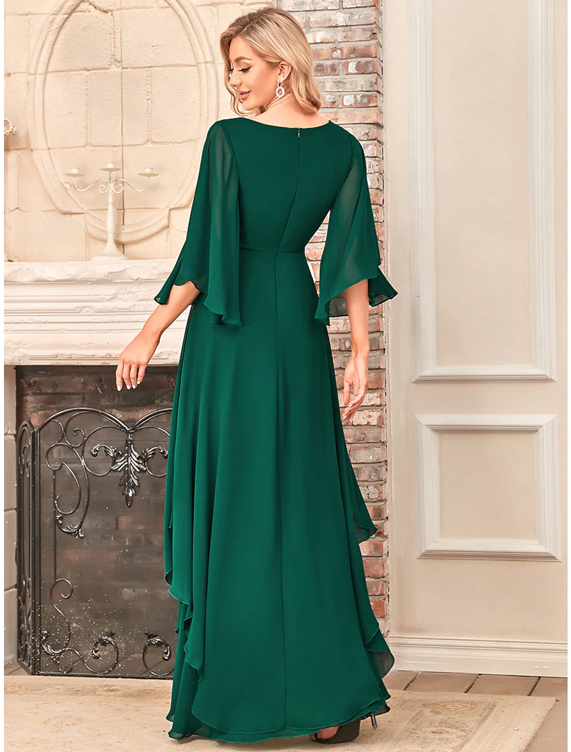 Wholesale A-Line Mother of the Bride Dress Elegant V Neck Floor Length Chiffon Half Sleeve with Sash / Ribbon