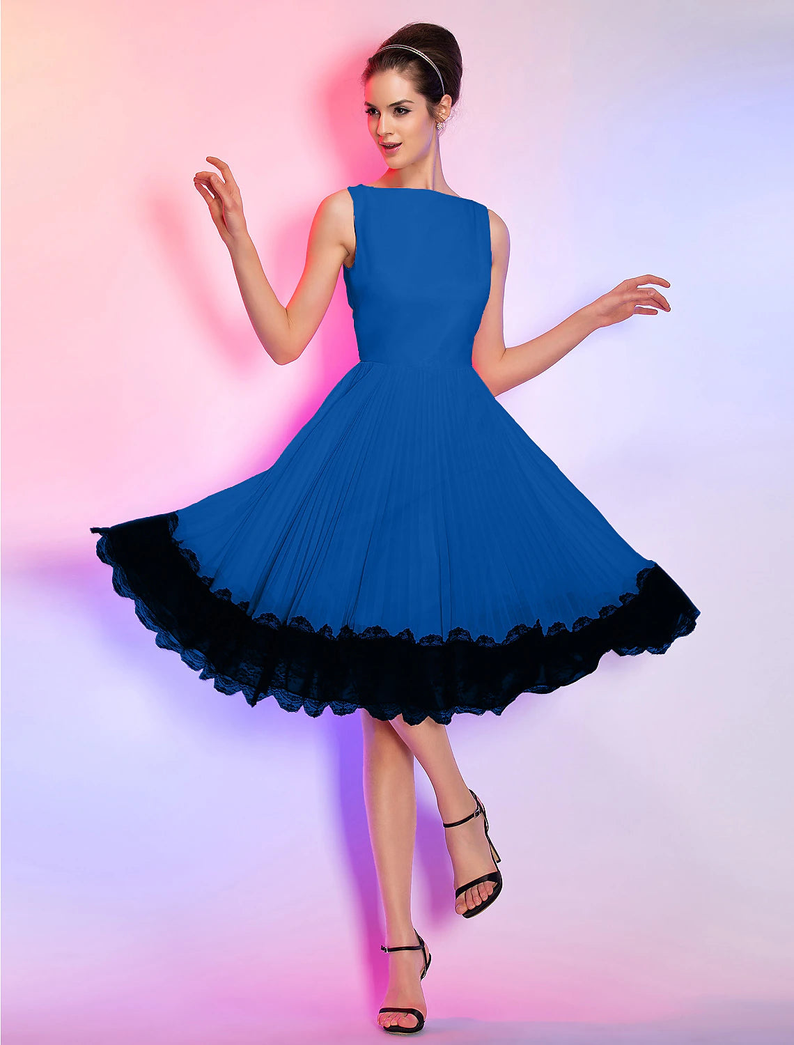 Wholesale A-Line Vintage Dress Homecoming Graduation Knee Length Sleeveless Boat Neck Pink Dress Chiffon with Lace