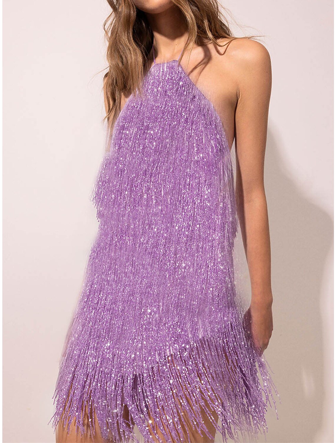 Wholesale Women's Gold Sequin Dress Fringe Dress Party Dress Sparkly Dress Homecoming Dress Mini Dress Purple Sleeveless Sparkly Glitter Spring Fall Winter Halter Neck Fashion