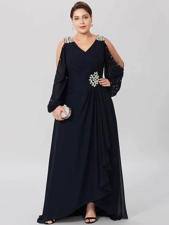 Wholesale Sheath / Column Mother of the Bride Dress Plus Size Elegant High Low V Neck Asymmetrical Chiffon Stretch Satin Long Sleeve with Criss Cross Crystals