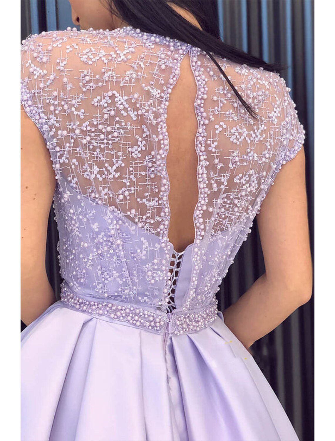 Wholesale A-Line Evening Gown Sparkle & Shine Dress Formal Wedding Court Train Short Sleeve Jewel Neck Belt / Sash Satin with Slit Appliques