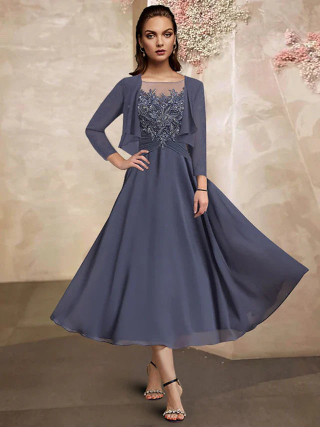 Wholesale Two Piece A-Line Mother of the Bride Dress Plus Size Elegant Jewel Neck Tea Length Chiffon Lace Half Sleeve Wrap Included with Ruched Sequin Ruffles