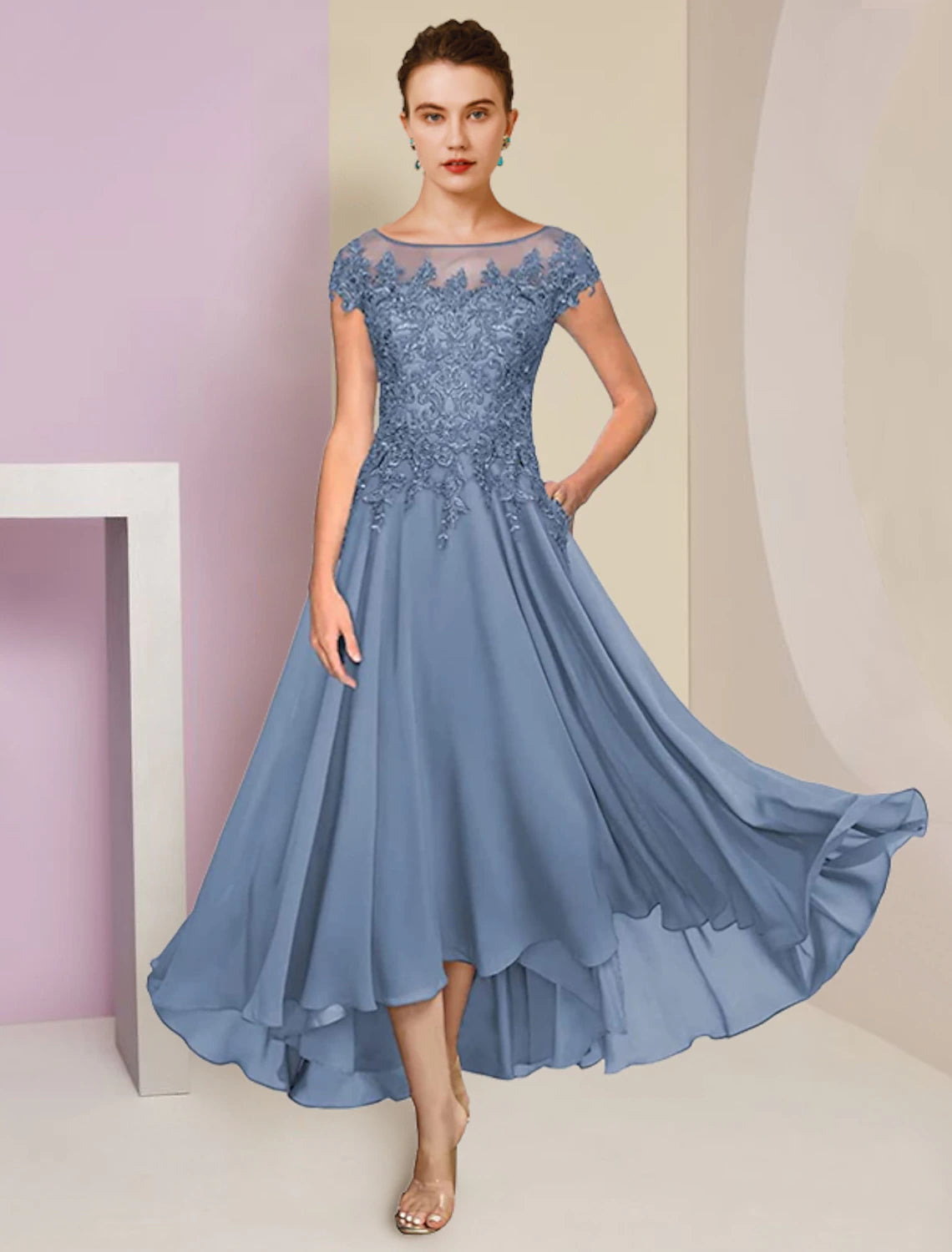 Wholesale  Two Piece A-Line Mother of the Bride Dress Formal Wedding Guest Elegant High Low Scoop Neck Asymmetrical Tea Length Chiffon Lace Short Sleeve Wrap Included with Sequin Appliques