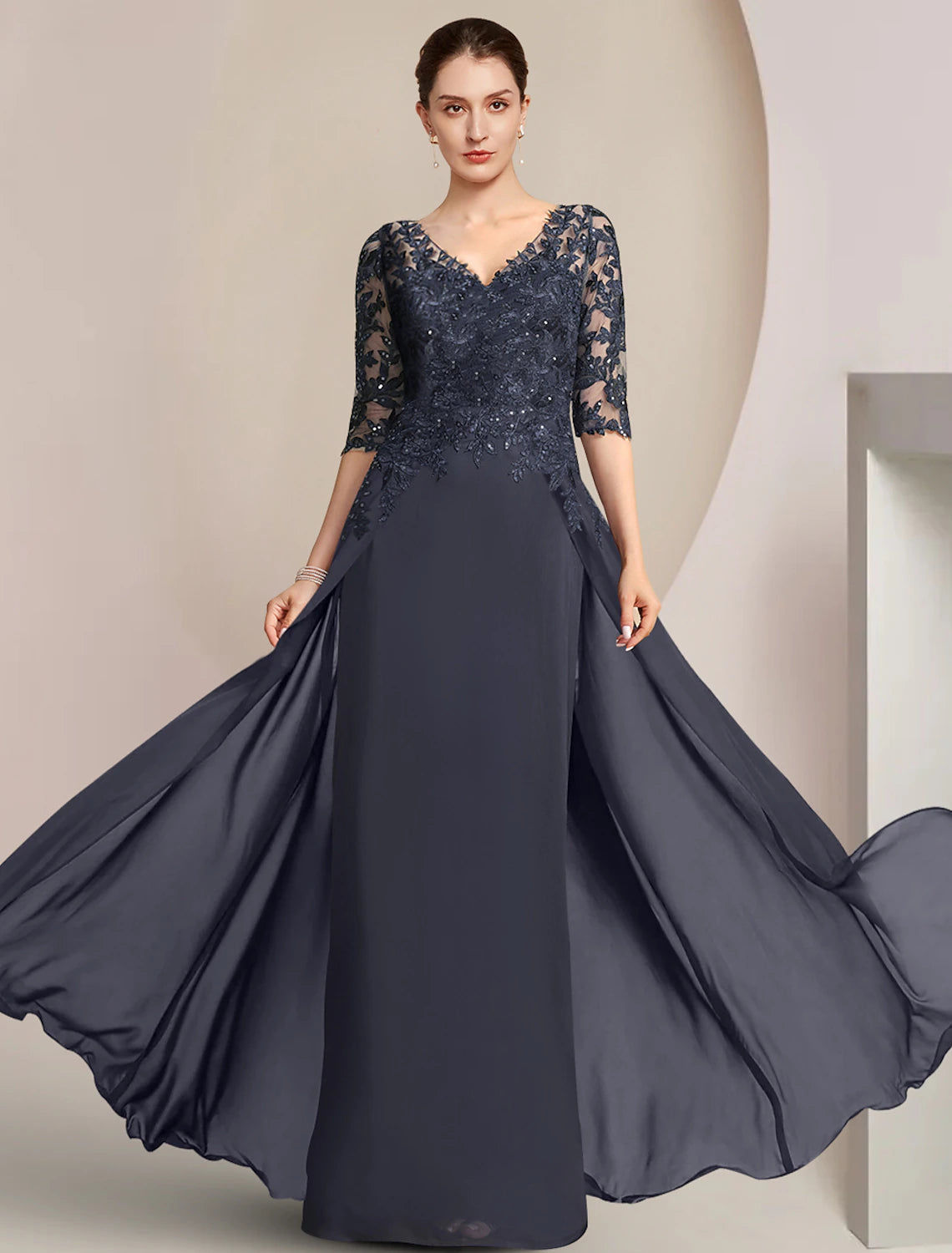 Wholesale Sheath / Column Mother of the Bride Dress Formal Wedding Guest Elegant V Neck Floor Length Chiffon Lace Half Sleeve with Sequin Appliques