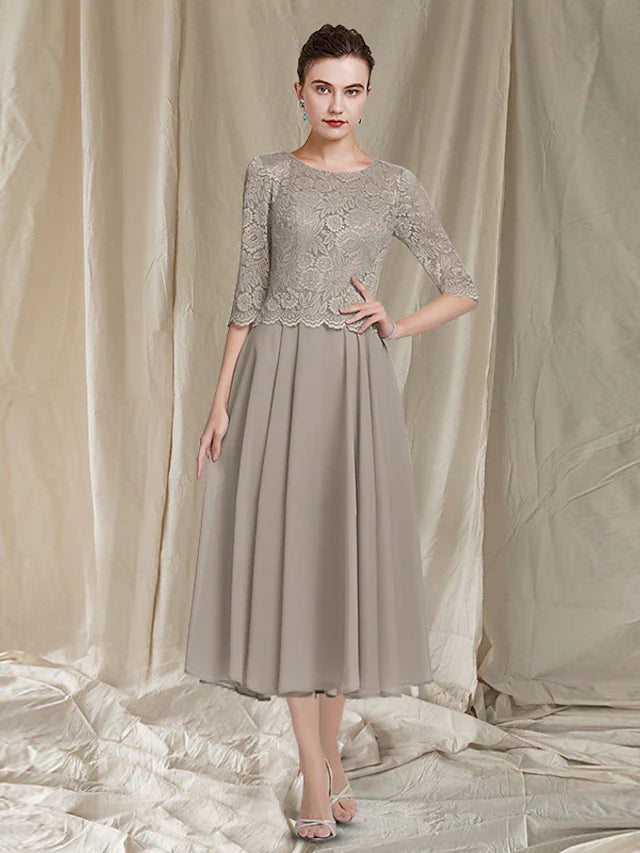 Wholesale Two Piece A-Line Mother of the Bride Dress Church Elegant Jewel Neck Tea Length Chiffon Lace Half Sleeve Jacket Dresses with Appliques