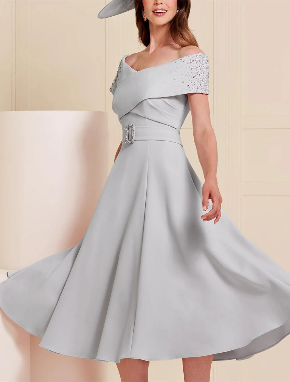 Wholesale A-Line Mother of the Bride Dress Wedding Guest Elegant Off Shoulder Tea Length Stretch Fabric Short Sleeve with Sash / Ribbon Beading Solid Color