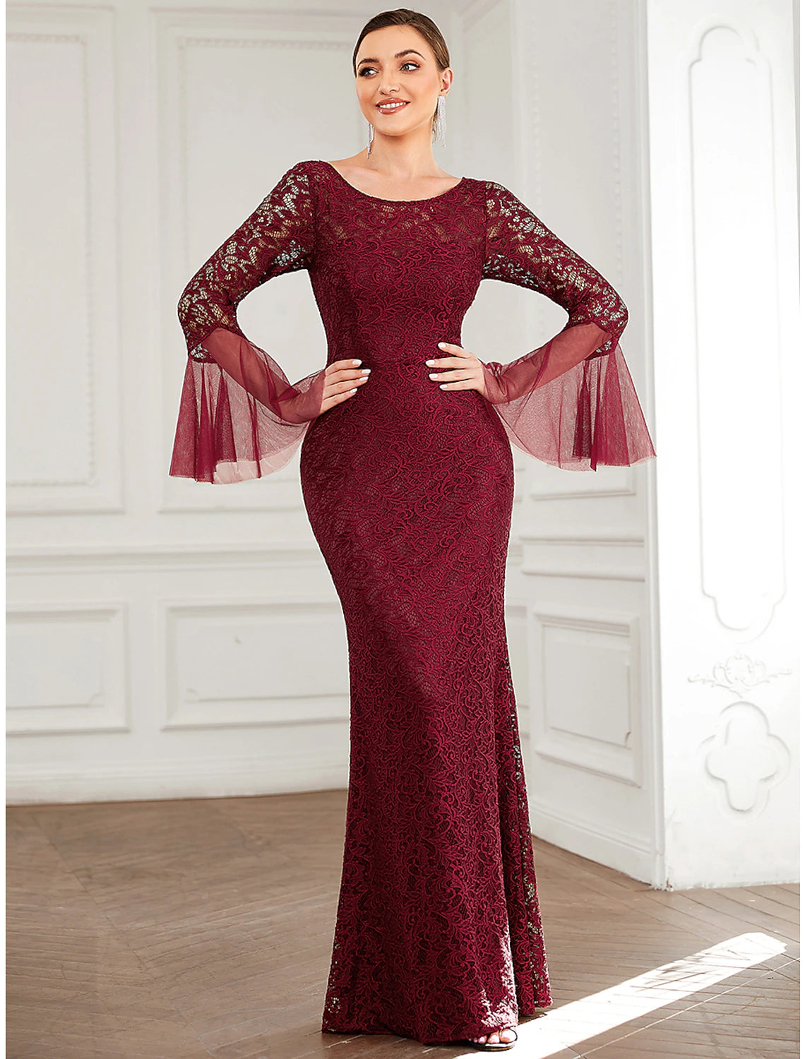 Wholesale  Mermaid / Trumpet Mother of the Bride Dress Elegant Sexy Jewel Neck Floor Length Lace Long Sleeve with Solid