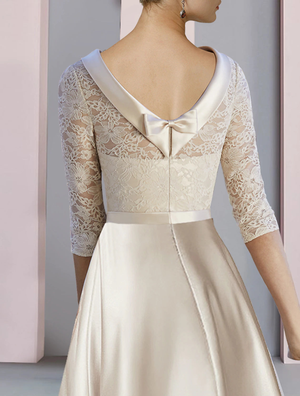 Wholesale  Sheath / Column Mother of the Bride Dress Wedding Guest Party Elegant Scoop Neck Tea Length Satin Lace Half Sleeve with Bow(s) Pleats
