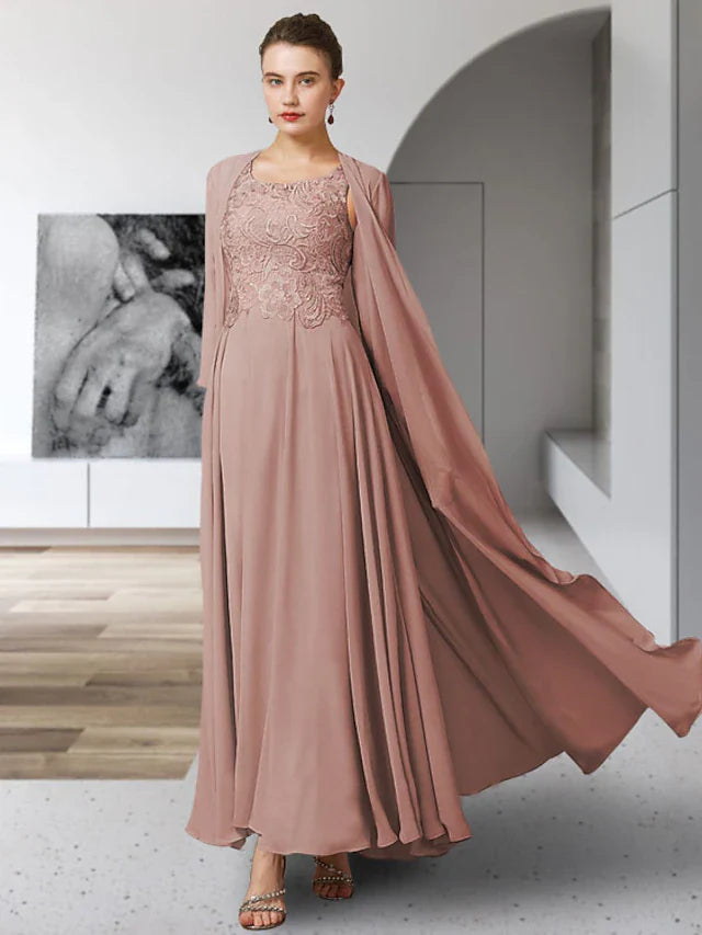Wholesale Two Piece A-Line Mother of the Bride Dress Elegant Jewel Neck Ankle Length Chiffon Lace Sleeveless Jacket Dresses with Pleats Appliques