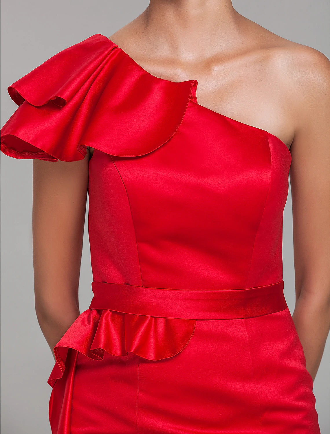 Wholesale Sheath / Column One Shoulder Short / Mini Satin Bridesmaid Dress with Sash / Ribbon / Ruffles