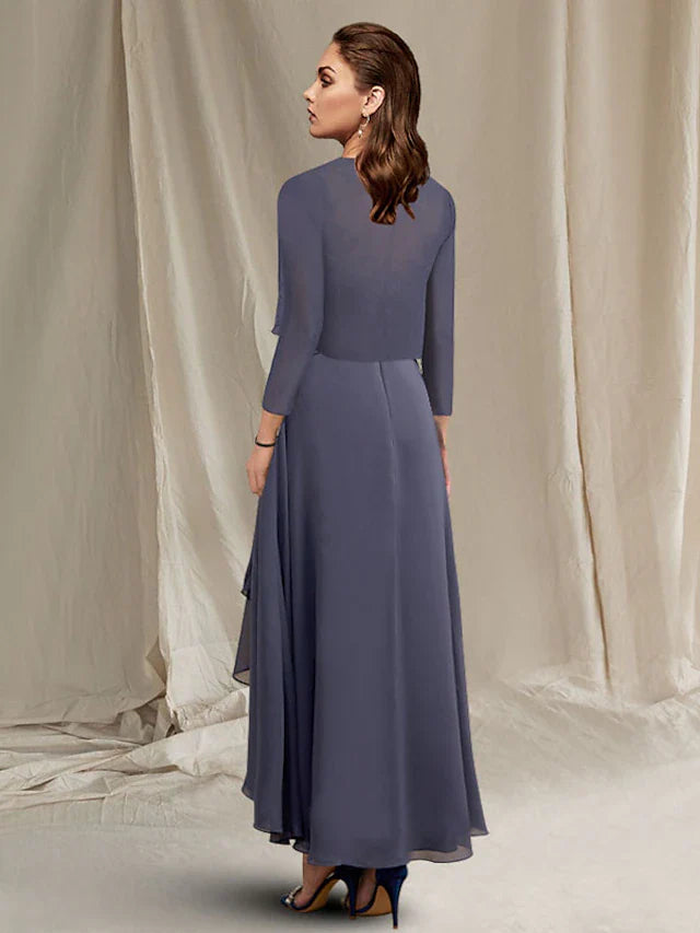 Wholesale Two Piece A-Line Mother of the Bride Dress Elegant High Low Jewel Neck Asymmetrical Tea Length Chiffon Lace 3/4 Length Sleeve Wrap Included with Sequin Appliques