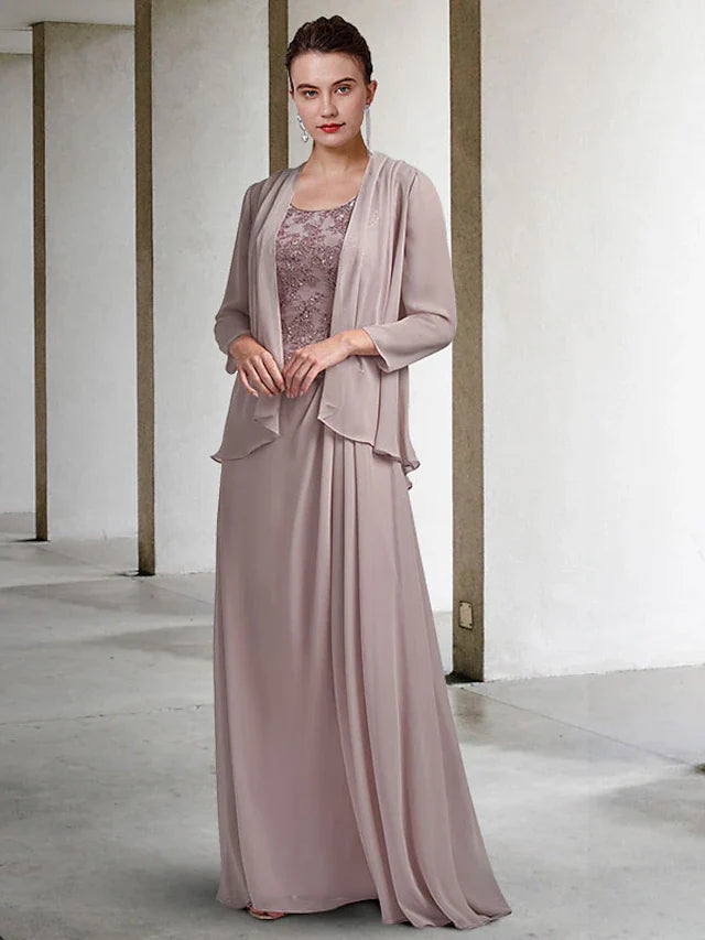 Wholesale Two Piece Sheath / Column Mother of the Bride Dress Plus Size Elegant Jewel Neck Floor Length Chiffon Lace Sleeveless Wrap Included with Sequin Appliques