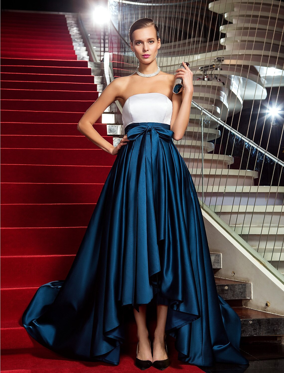 Wholesale A-Line Chic & Modern Color Block Minimalist Formal Evening Black Tie Gala Dress Strapless Backless Sleeveless Asymmetrical Satin with Bow(s) Pleats