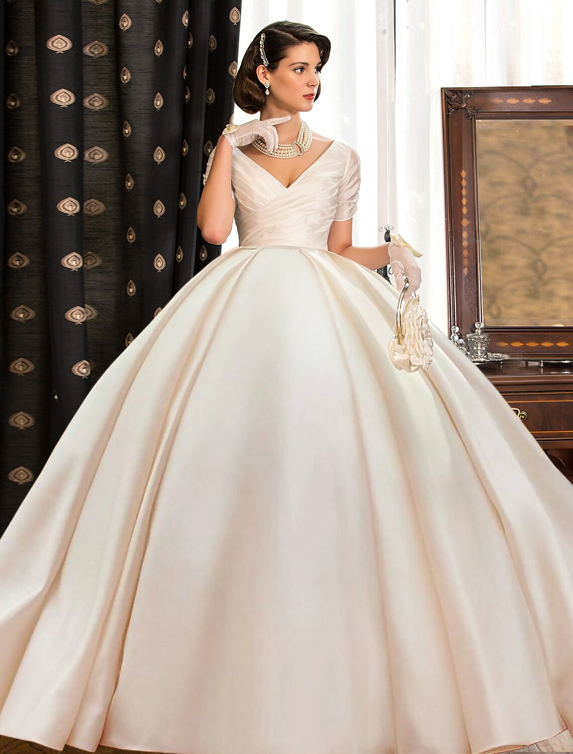 Wholesale Engagement Formal Fall Wedding Dresses Ball Gown V Neck Short Sleeve Court Train Satin Bridal Gowns With Ruched Solid Color