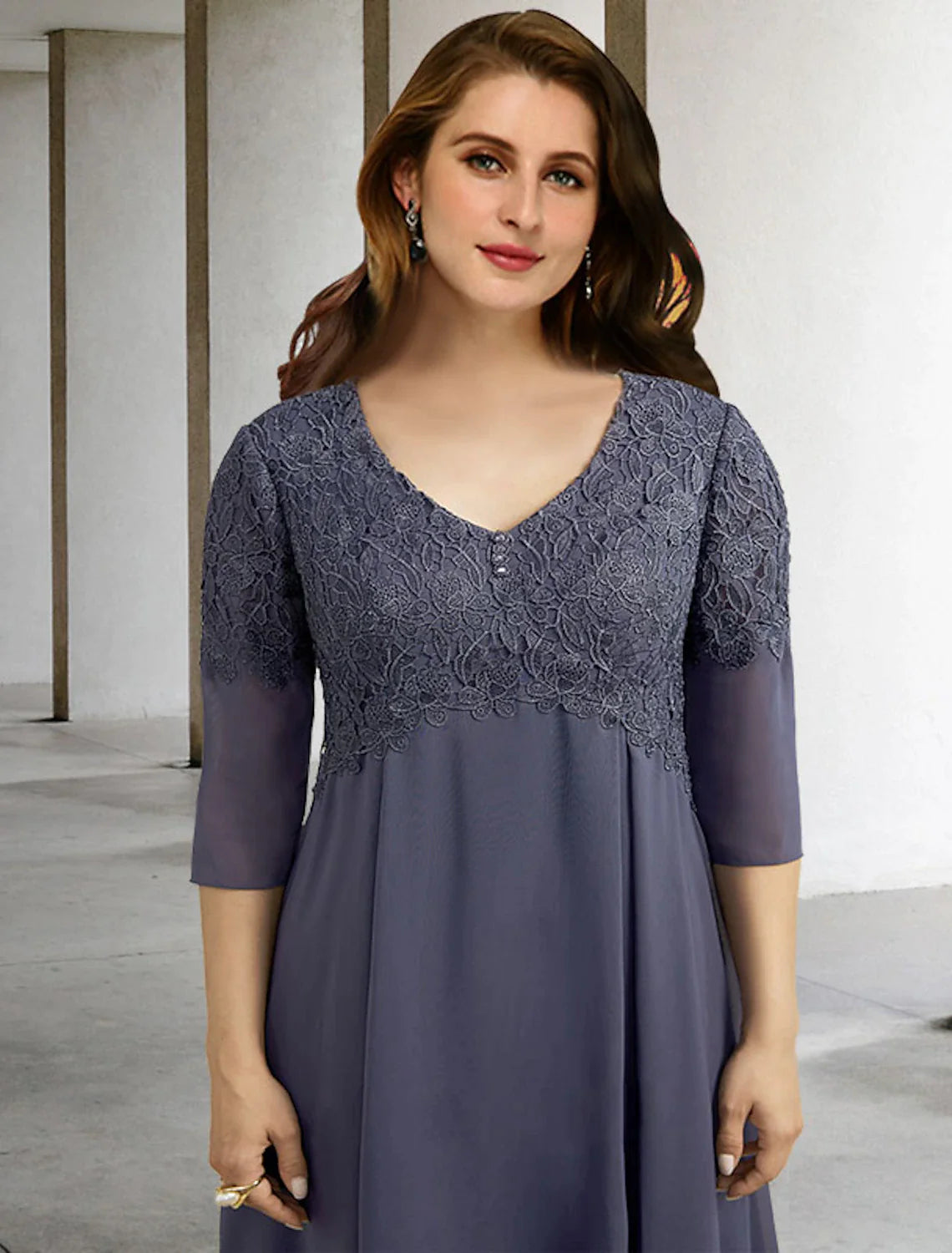 Wholesale A-Line Mother of the Bride Dresses Plus Size Hide Belly Curve Elegant Dress Formal Tea Length Half Sleeve V Neck Chiffon with Buttons Appliques Fall