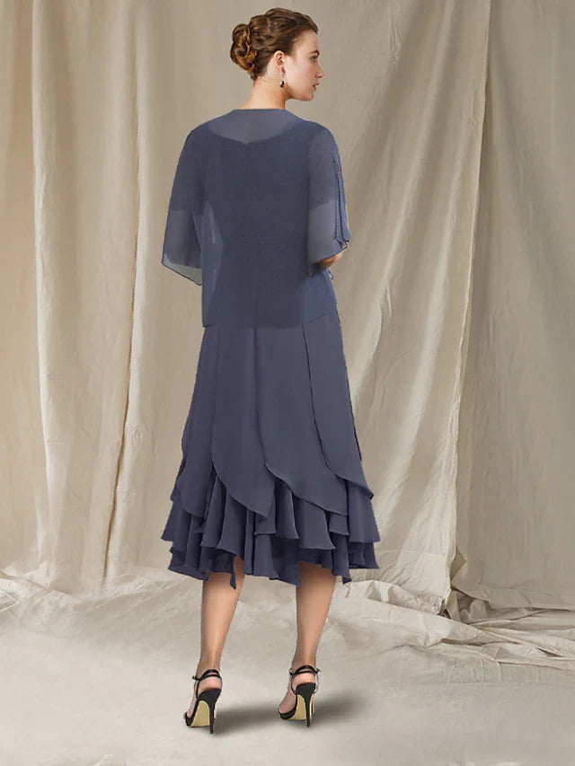 Wholesale Mermaid / Trumpet Mother of the Bride Dress Elegant High Low Jewel Neck Asymmetrical Tea Length Chiffon Lace Short Sleeve Wrap Included with Lace Ruffles