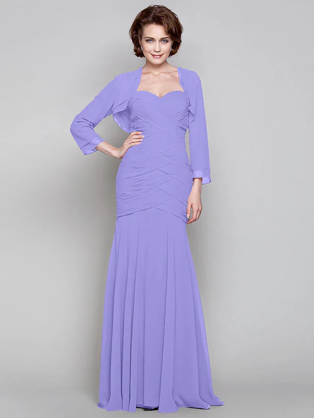 Wholesale Mermaid / Trumpet Mother of the Bride Dress Two Piece Sweetheart Floor Length Chiffon Long Sleeve with Criss Cross