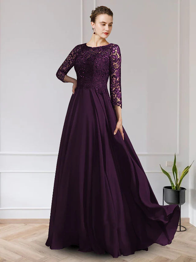 Wholesale A-Line Mother of the Bride Dress Elegant V Neck Floor Length Chiffon Lace Long Sleeve with Appliques