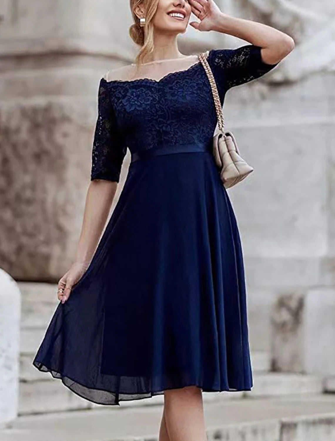 Wholesale A-Line Cocktail Dresses Vintage Dress Party Wear Cocktail Party Knee Length Half Sleeve Jewel Neck Fall Wedding Guest Lace with Pleats