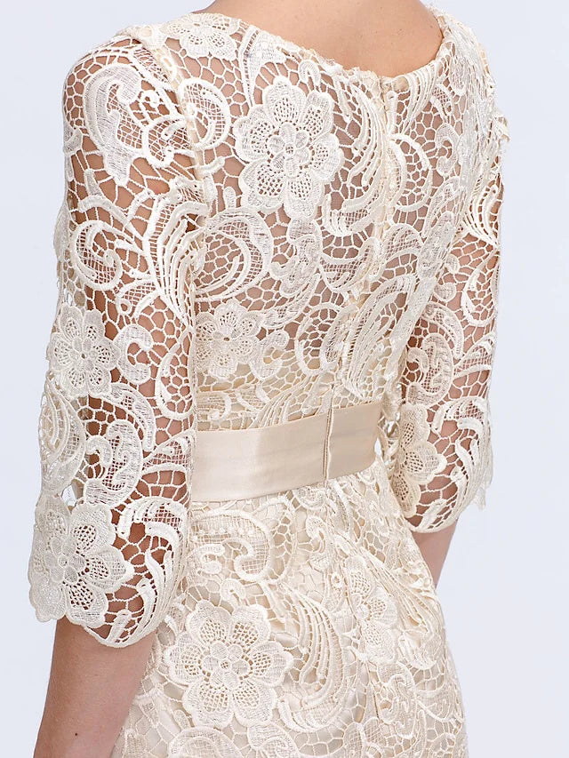 Wholesale Sheath / Column Mother of the Bride Dress Formal Wedding Guest Plus Size Elegant Illusion Neck Knee Length All Over Lace 3/4 Length Sleeve with Bow(s)