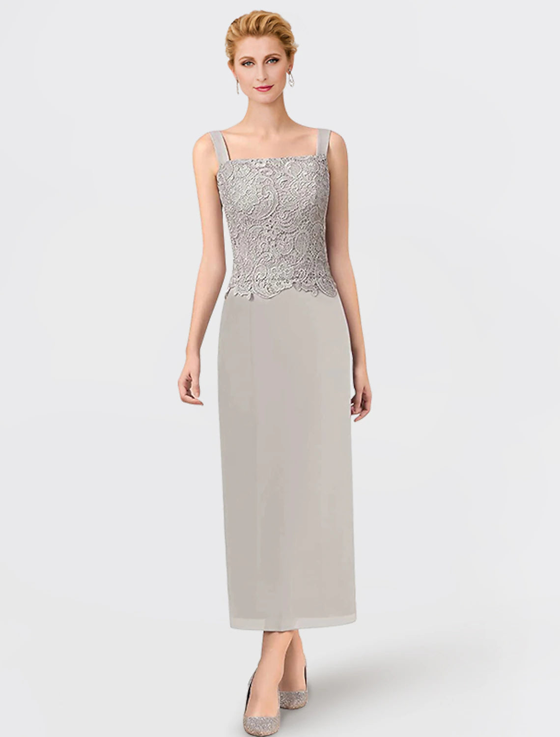 Wholesale  Two Piece Mother of the Bride Dress Formal Wedding Guest Elegant Square Neck Ankle Length Chiffon Lace Sleeveless Wrap Included with Appliques